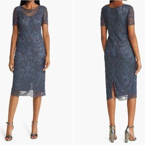 PISARRO NIGHTS BEADED ILLUSIONS NECK SLATE DRESS sz 10